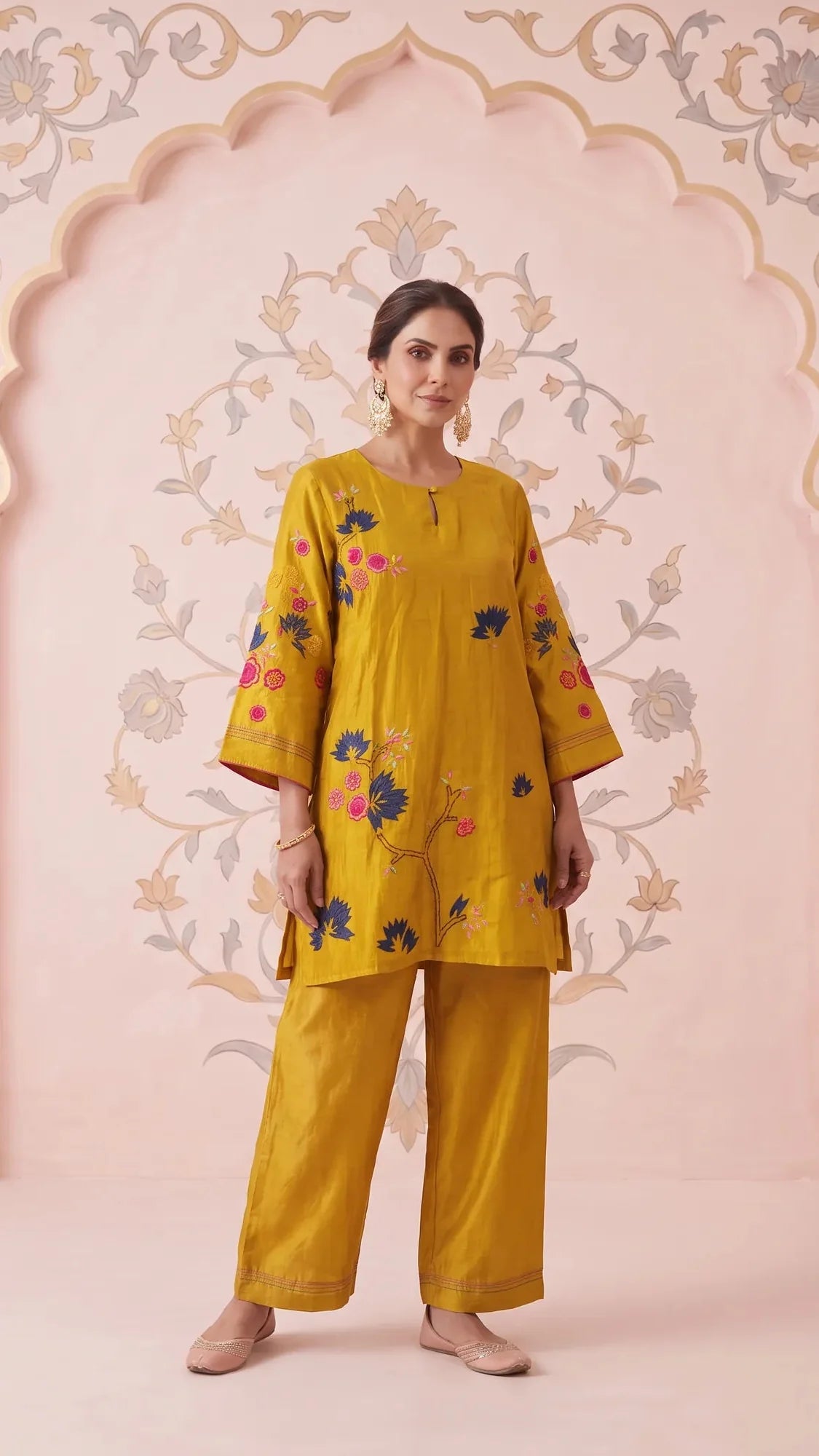 Mustard Bloom Embroidered Mul Chanderi Coord