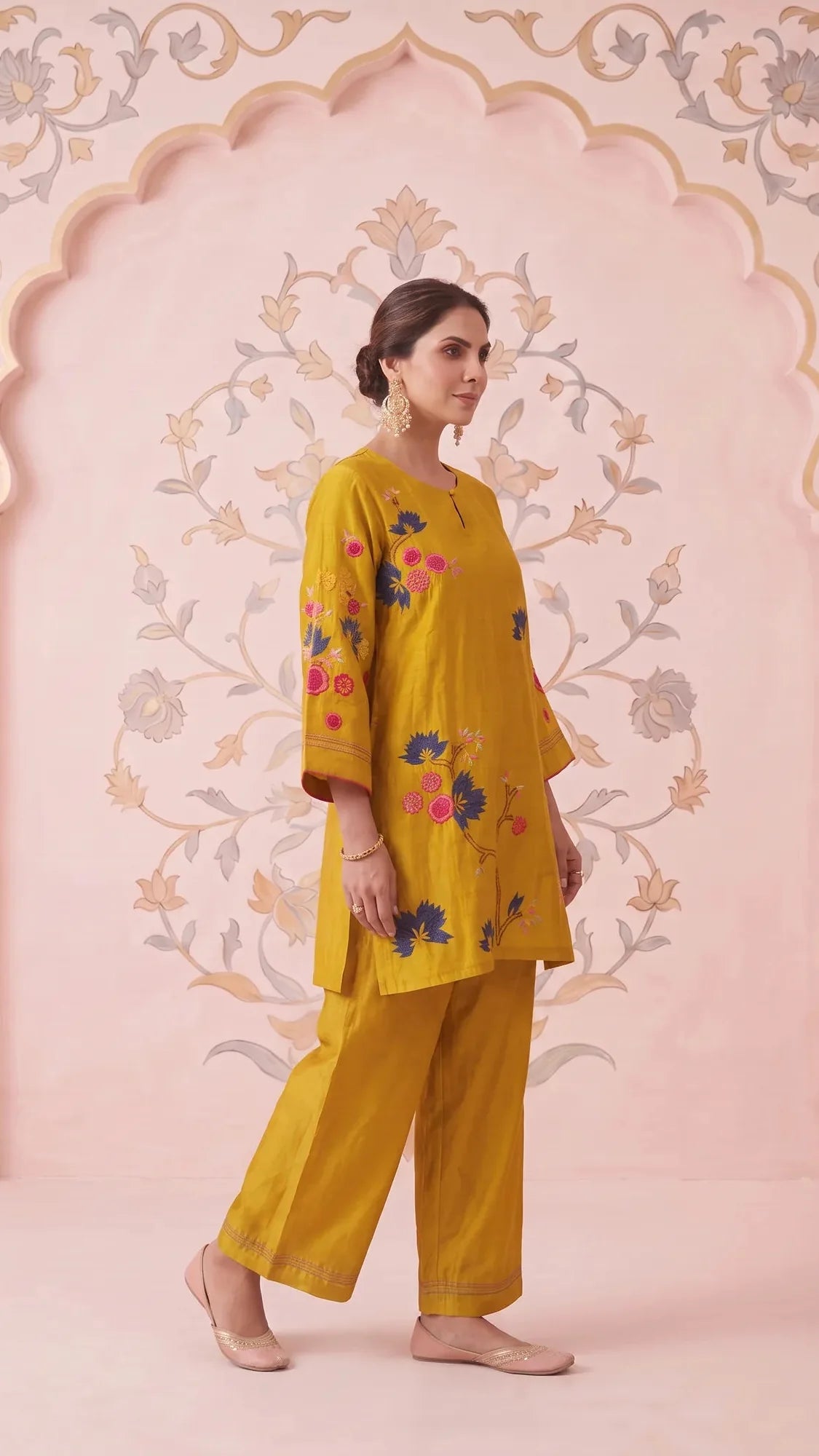 Mustard Bloom Embroidered Mul Chanderi Coord