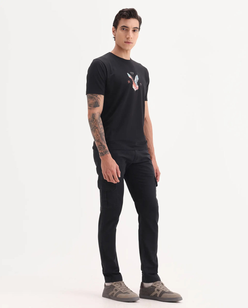 Rare Rabbit Men's Inbuil Black Cotton Plain Regular Fit Trouser