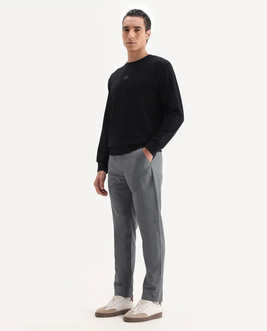 Rare Rabbit Men's Ital Grey Viscose Blend Plain Regular Fit Trouser