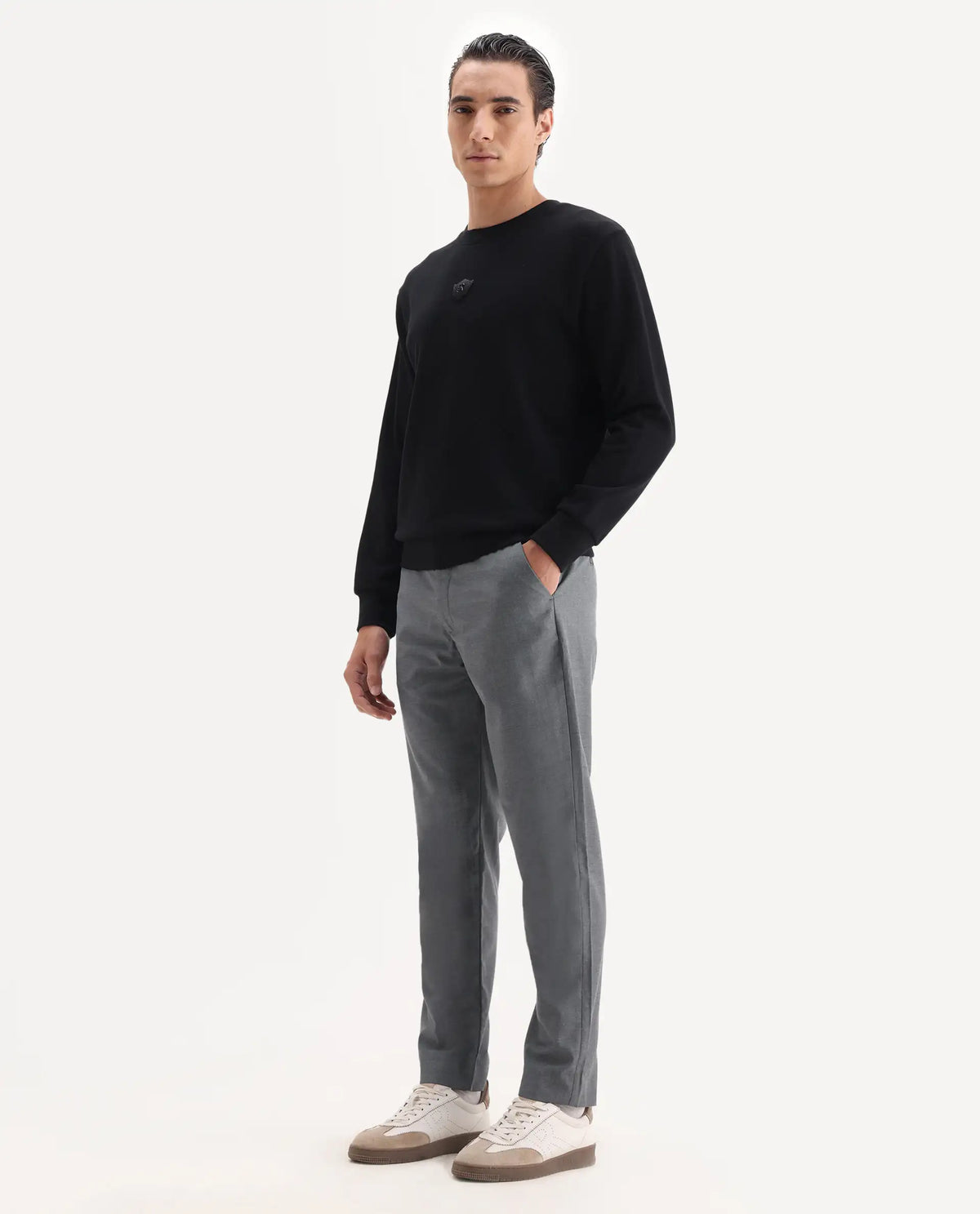 Rare Rabbit Men's Ital Grey Viscose Blend Plain Regular Fit Trouser
