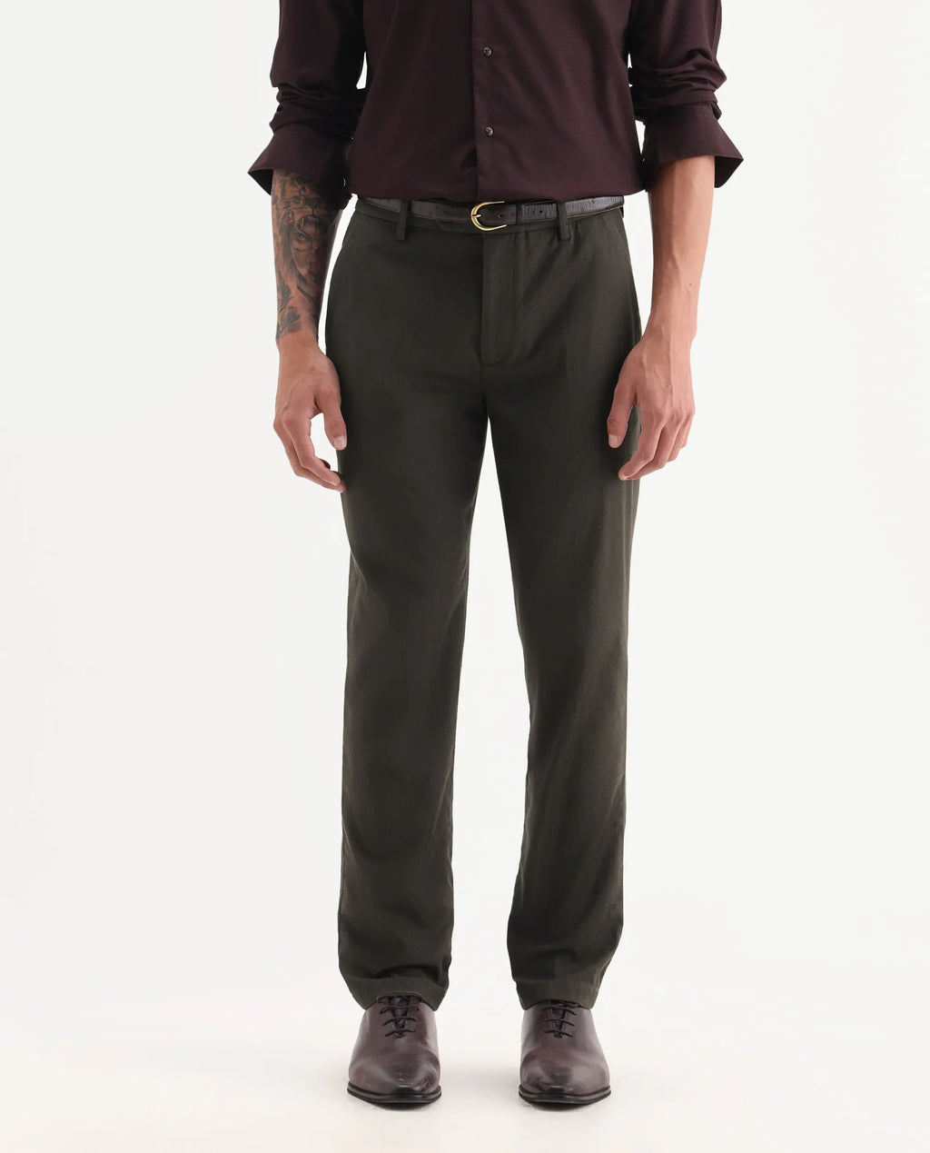 Rare Rabbit Men Jes-Aw25 Dark Olive Cotton Fabric Button Closure Plain Trouser