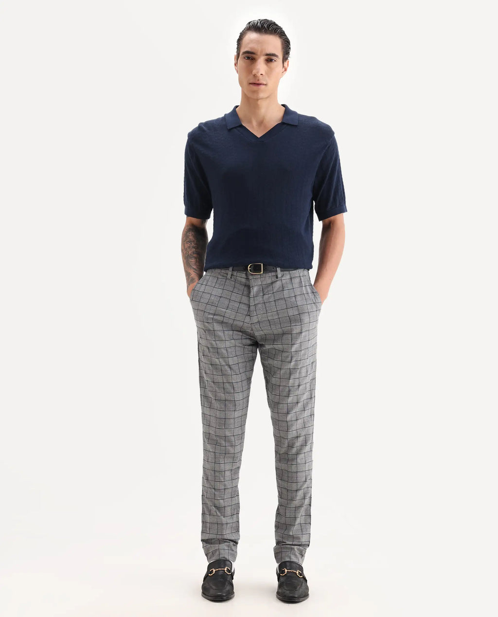 Rare Rabbit Men's Lenid Grey Polyester Checked Print Regular Fit Trouser