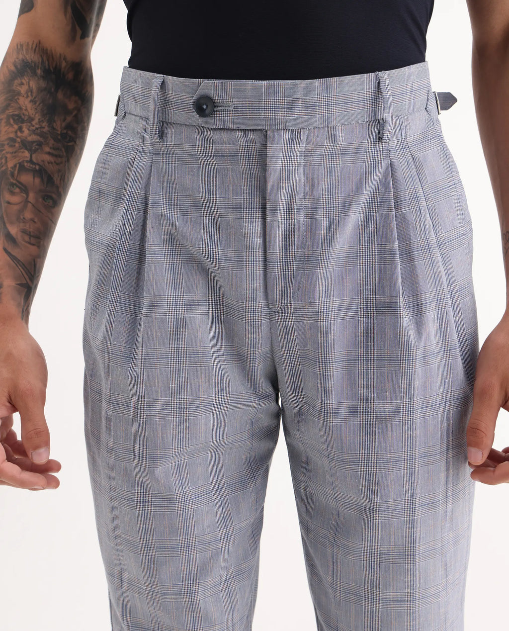 Rare Rabbit Men's Renot Blue Linen Blend Checked Print Regular Fit Trouser