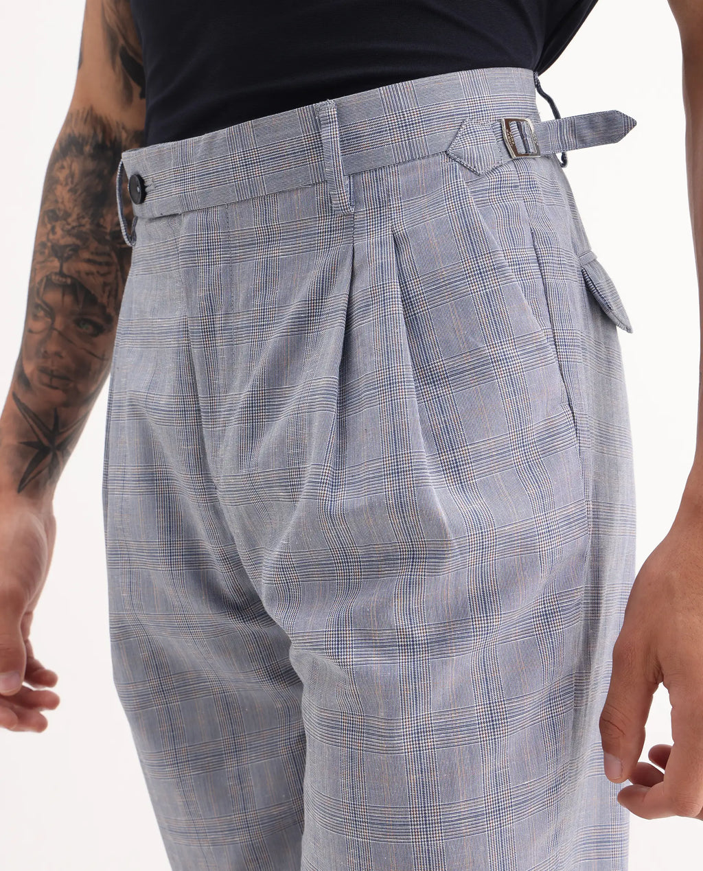 Rare Rabbit Men's Renot Blue Linen Blend Checked Print Regular Fit Trouser