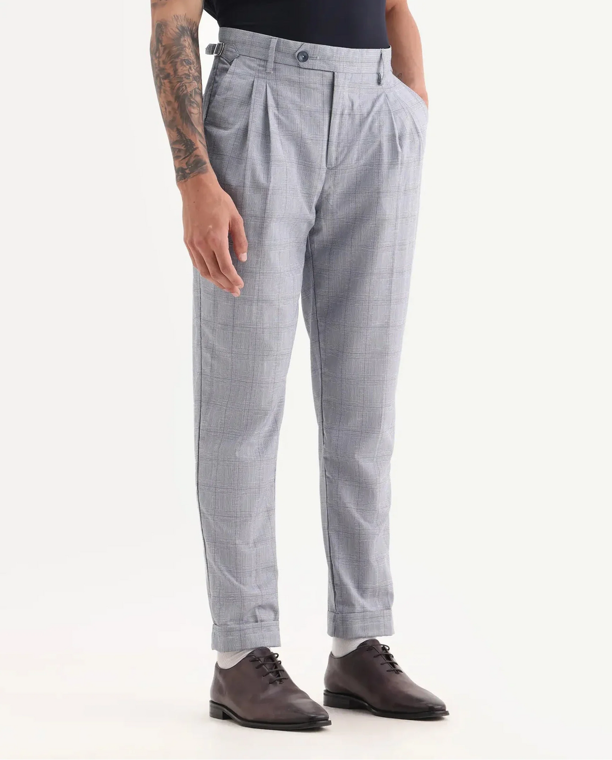 Rare Rabbit Men's Renot Blue Linen Blend Checked Print Regular Fit Trouser