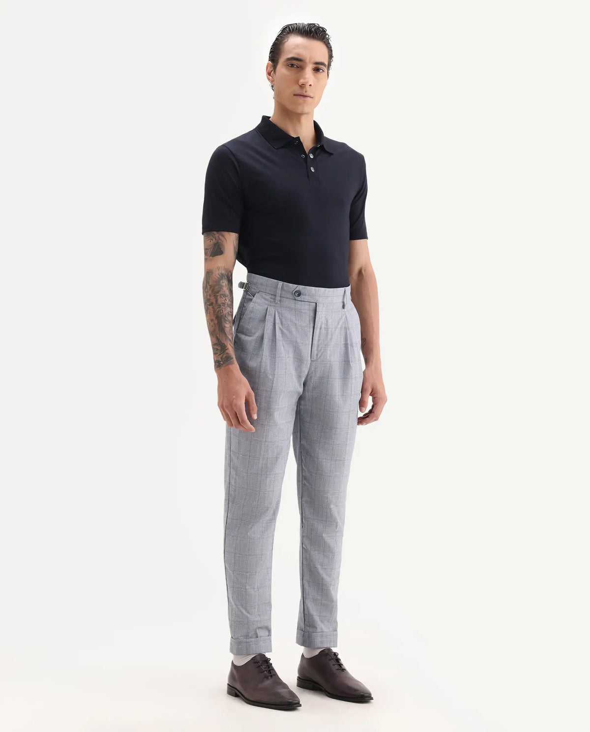 Rare Rabbit Men's Renot Blue Linen Blend Checked Print Regular Fit Trouser
