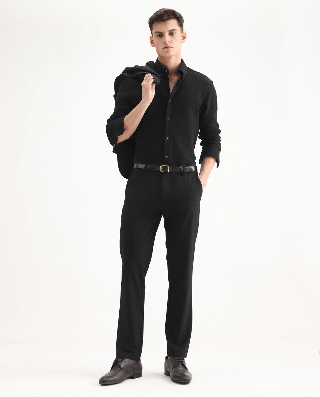 Rare Rabbit Men's Travel-25 Black Polyester Blend Plain Regular Fit Trouser
