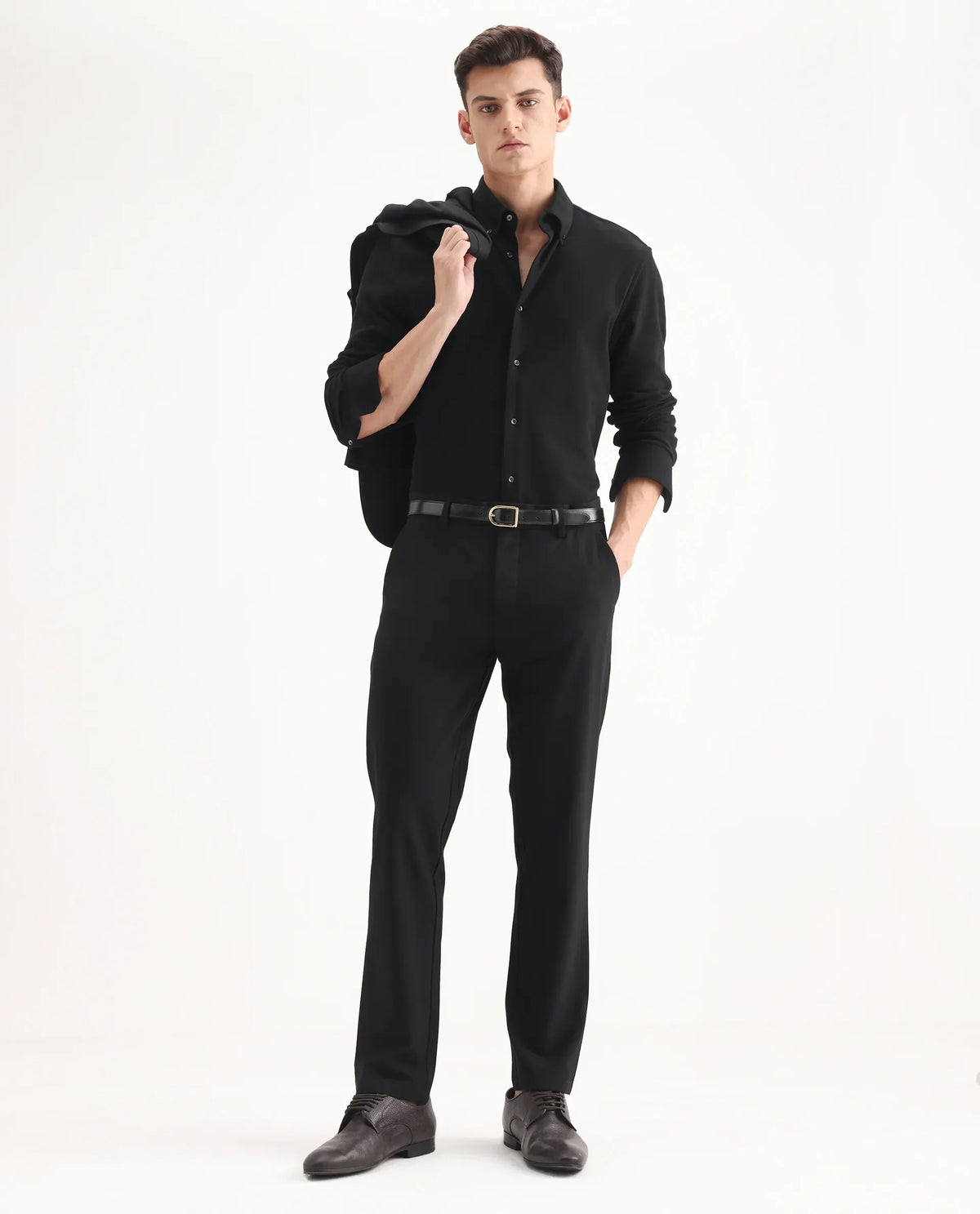 Rare Rabbit Men's Travel-25 Black Polyester Blend Plain Regular Fit Trouser