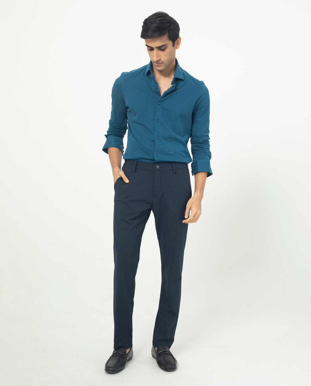 Rare Rabbit Men's Traveller Navy Solid Mid-Rise Regular Fit Trouser