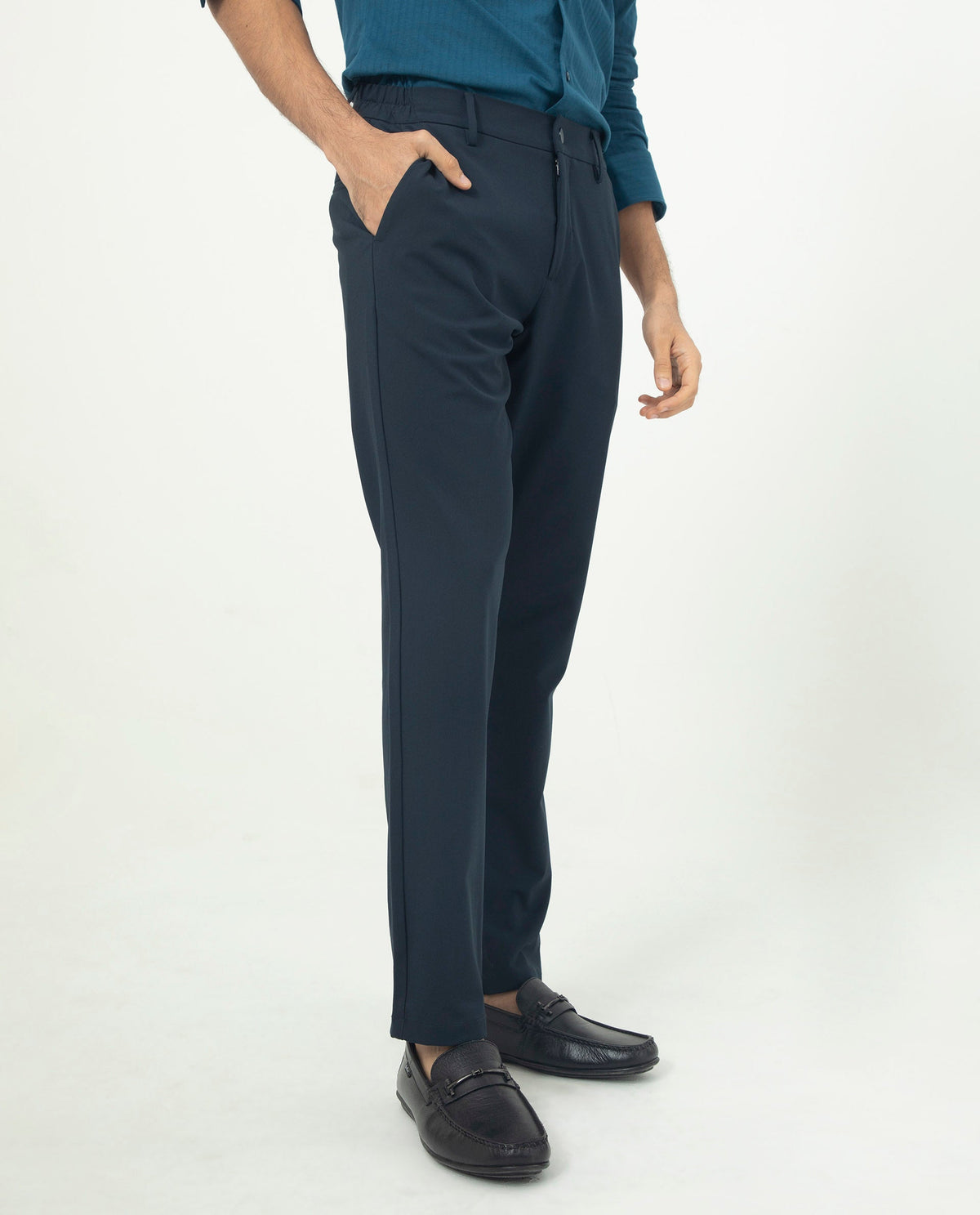 Rare Rabbit Men's Traveller Navy Solid Mid-Rise Regular Fit Trouser